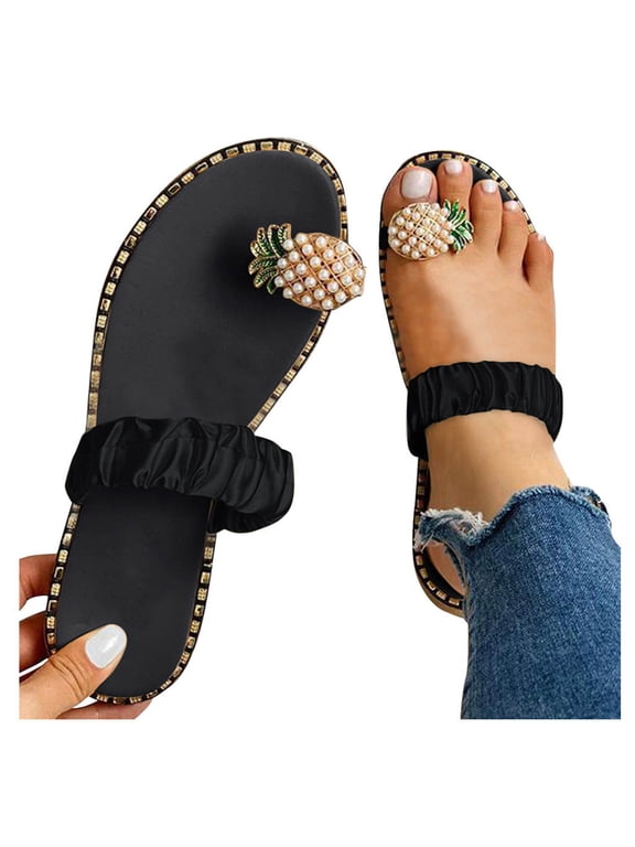 Sandals for Women Flat,Fashion Beach Sandals Sweet Cute Pearls Pineapple Sandals Clip Toe Flip Flops Boho Casual Flat Slippers Beach Shoes