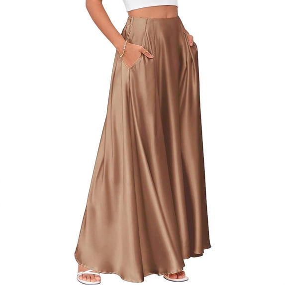 Amzcrzy Satin Skirts for Women with Pockets Comfy Pleated Office Ladies Skirts Flared High Elastic Waist Summer Maxi Skirt Flowy A Line Ankle Lenth Women's Skirts