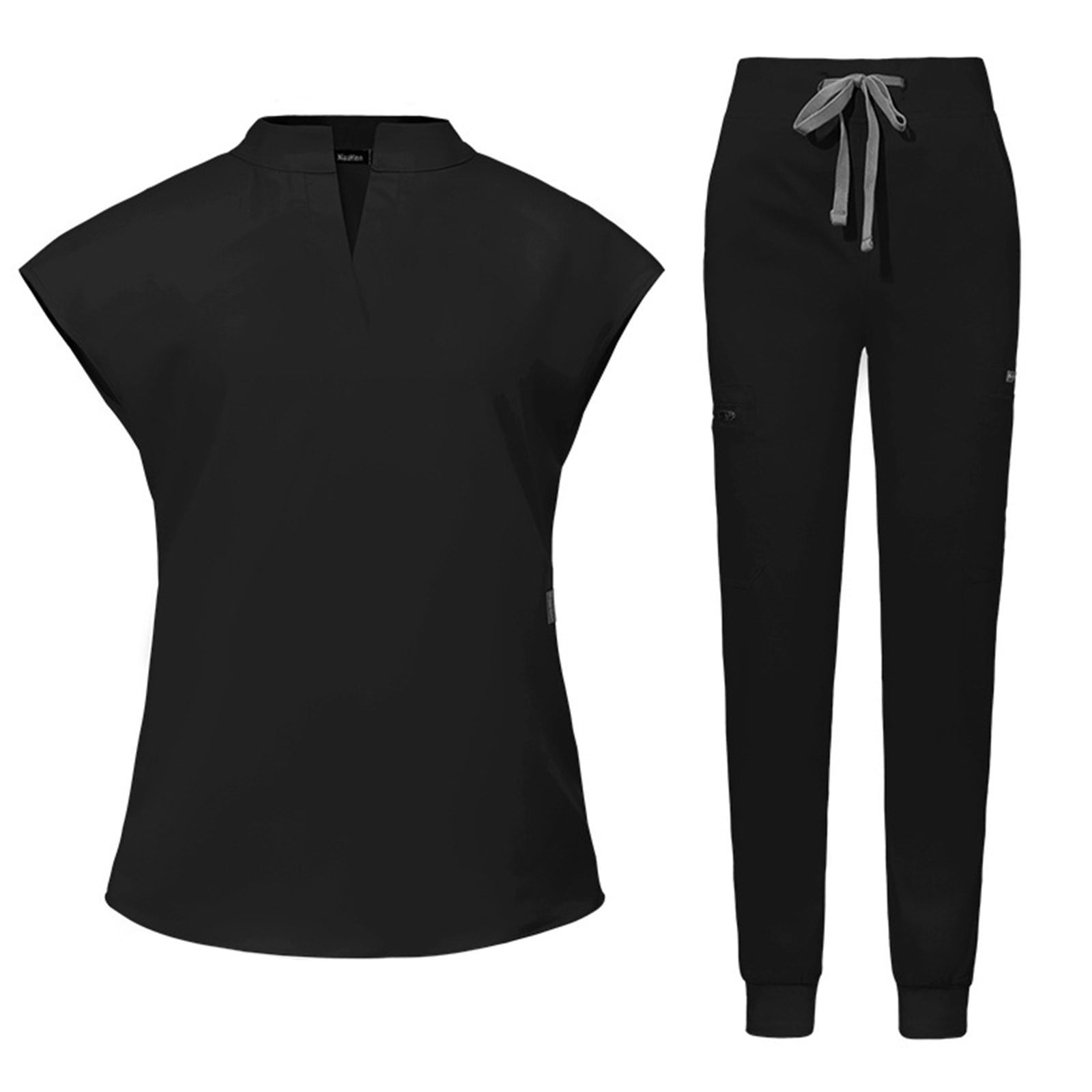 Amzcrzy Scrub Suit Set for Women Modern Solid Color Vneck Top & Tapered Leg Jogger Pants with