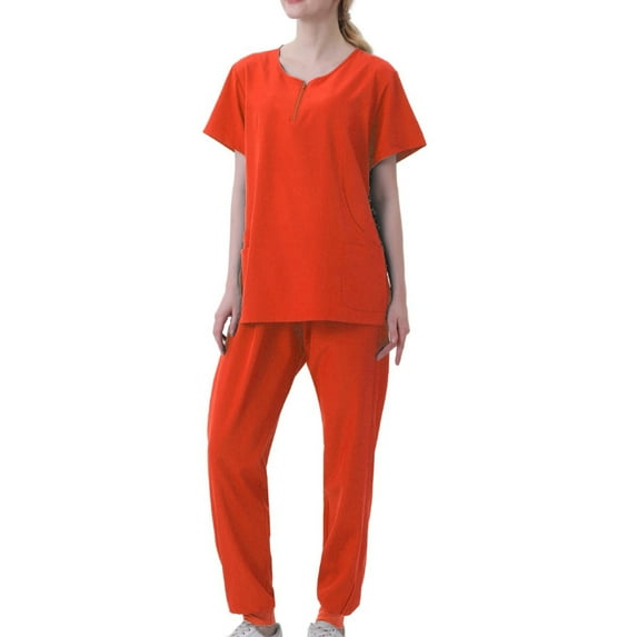 Amzcrzy Scrubs for Women Set Zip Up Short Sleeve Scrub Sets Modern V-Neck Top & Pocket Jogger Pants Athletic Work Uniform Solid Stretch Workwear