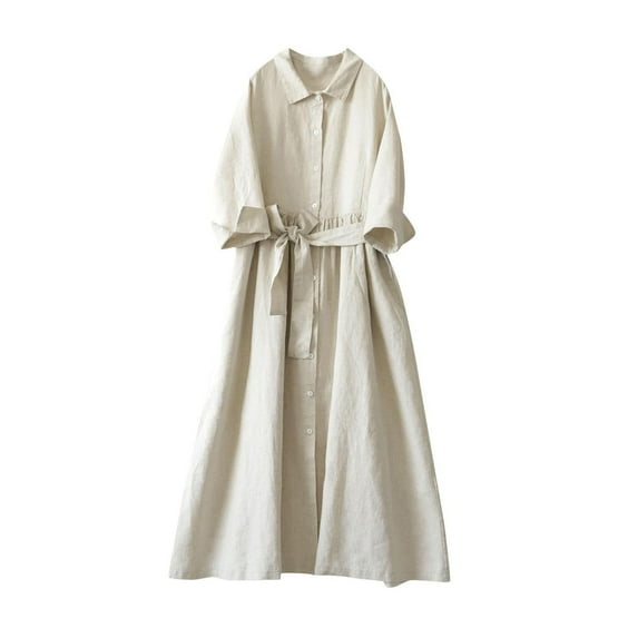 Amzcrzy Shirt Dresses for Women 2026 Cotton Linen Blend Lapel Collar Short Sleeve Western Dress for Women Long Sleeve Button Down Midi Dress with Belt White L
