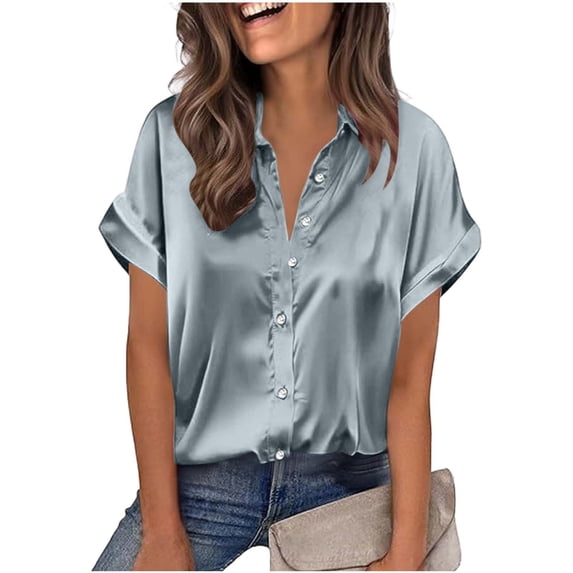 Amzcrzy Shirts for Women Trendy Button Down Silk Blouses for Women Dressy Casual Solid Color Satin Summer Tops Comfy Short Sleeve Turn Down Collar Business Outfits 2XL