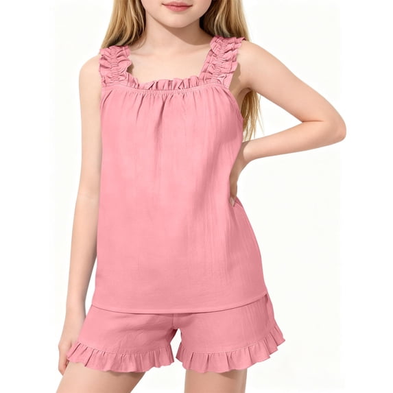 Amzcrzy Shorts Sets Girls 2 Piece Outfits Solid Color Cotton Classic Ruffle Strap Cami Tops & Elastic Waist Shorts Summer Outfits for Teens Cute Sleeveless Casual Girls' Clothing Sets 5-16 Years
