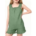 thumbnail image 1 of Amzcrzy Shorts Sets Girls 2 Piece Outfits Solid Color Cotton Classic Ruffle Strap Cami Tops & Elastic Waist Shorts Summer Outfits for Teens Cute Sleeveless Casual Girls' Clothing Sets 5-16 Years, 1 of 9