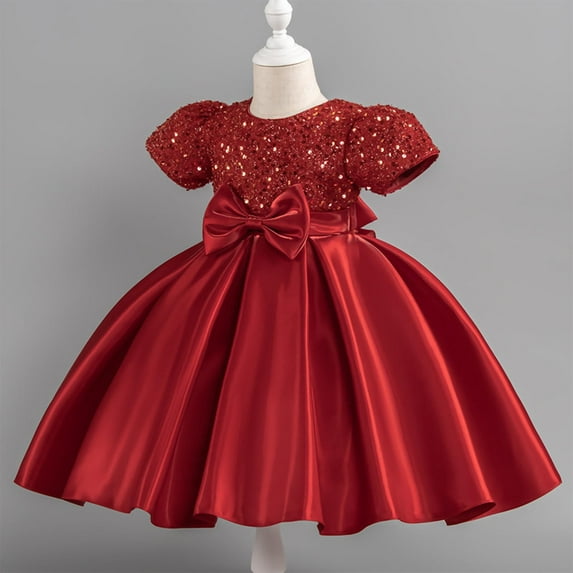 Amzcrzy Silk Dress for Girls Solid Color Round Neck Satin Flower Girl Dress Puff Sleeve Princess Dress with Bowknot for Wedding Birthday Party 2-10Years