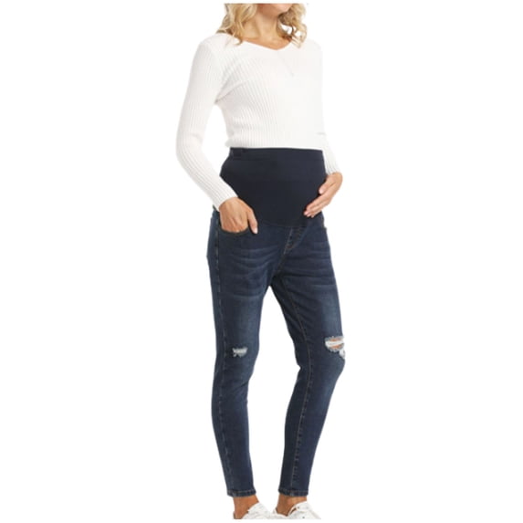 Amzcrzy Skinny Jeans for Maternity High Waist over Belly Distressed Jeans Support Elastic Waist Stretch Denim Pants with Pockets Slim Fit Pregnancy Jeans