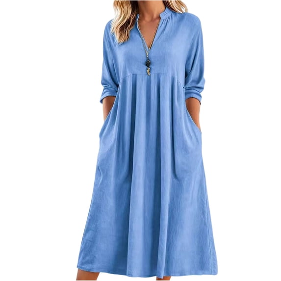 Amzcrzy Spring Dresses for Women Casual Loose Solid Color Beach Sundresses Trendy V Neck 3/4 Sleeve Womens Dresses Flowy A Line Pleated Maxi Dresses with Pockets S