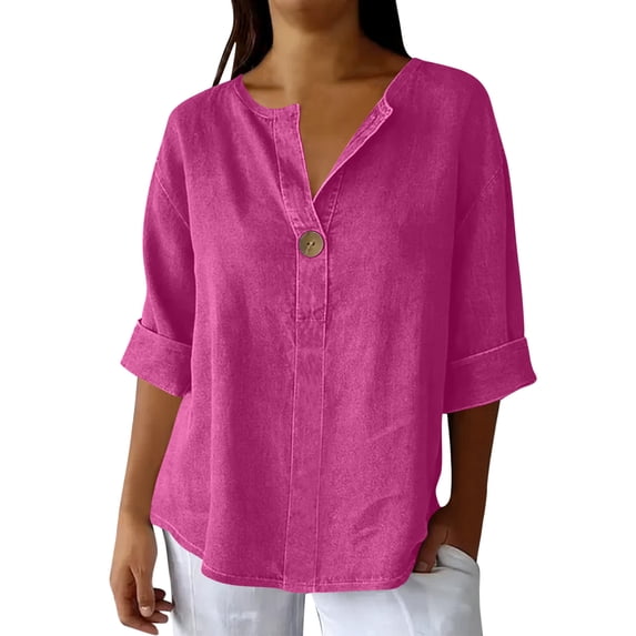 Amzcrzy Spring Tops for Women Versatile Casual Solid Color Linen Shirts for Women Loose Rolled 3/4 Length Sleeve Womens Tops Fashion V Neck Button Down Ladies Blouses 2XL