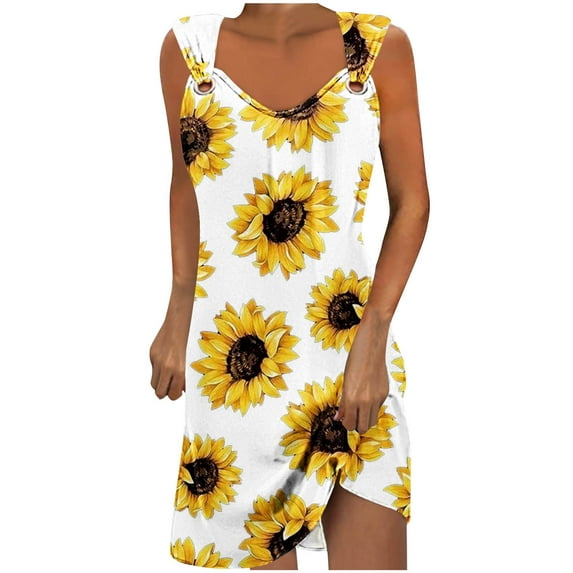 Amzcrzy Summer Casual Dresses for Women 2024 Sunflowers Graphic Beach Sundresses Sleeveless Midi Dress Swing Tank Sundress Pleated Tshirt Dress
