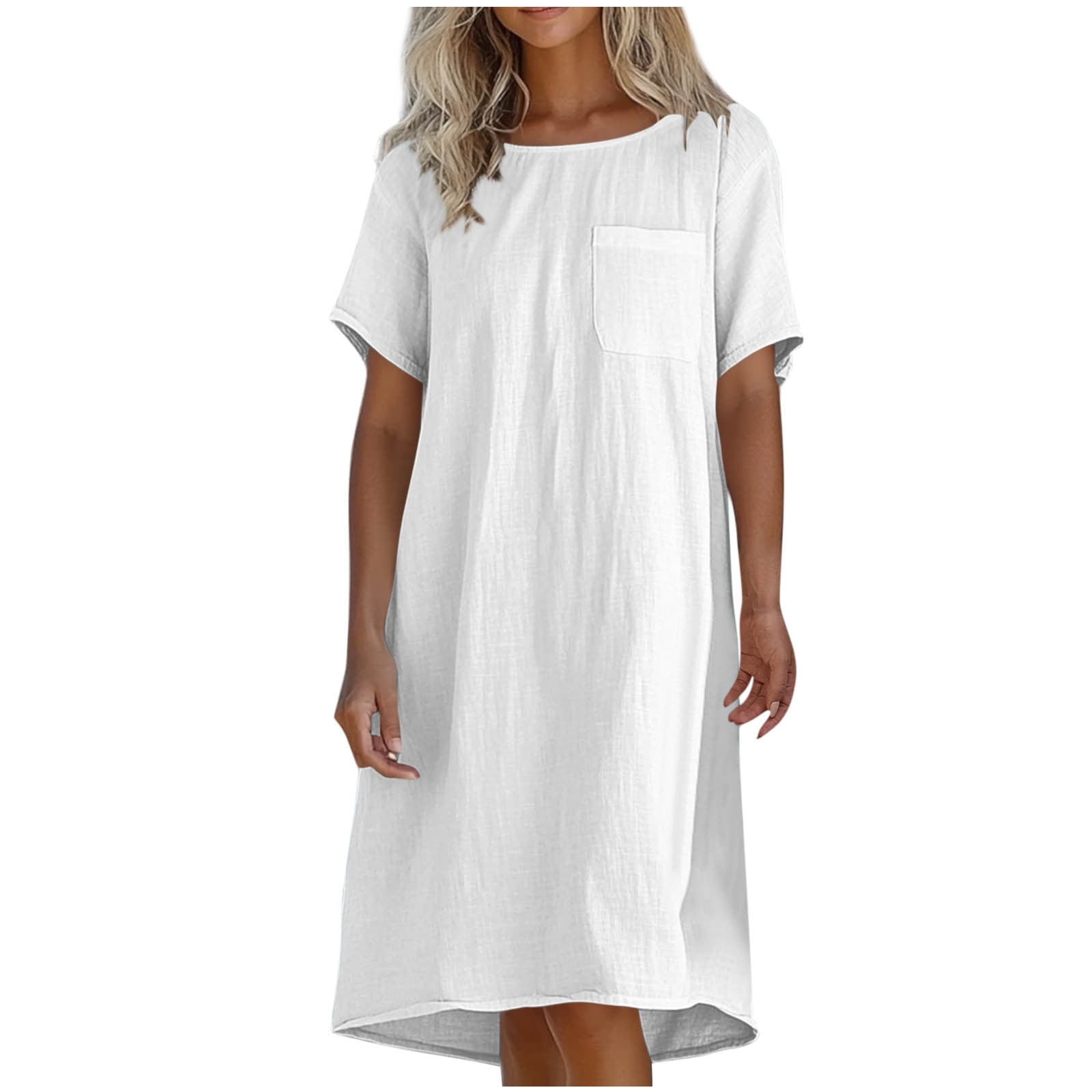 Women's Summer T-Shirt Dress - Crew Neck Short Sleeve Casual Midi Dress With Pocket, Loose Fit - View #2