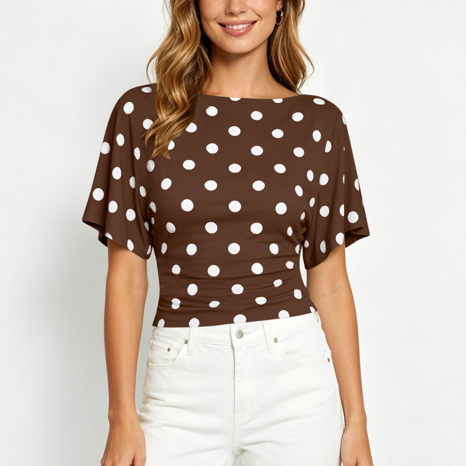 Amzcrzy T Shirts for Women Polka Dot Print Short Ruffle Sleeve