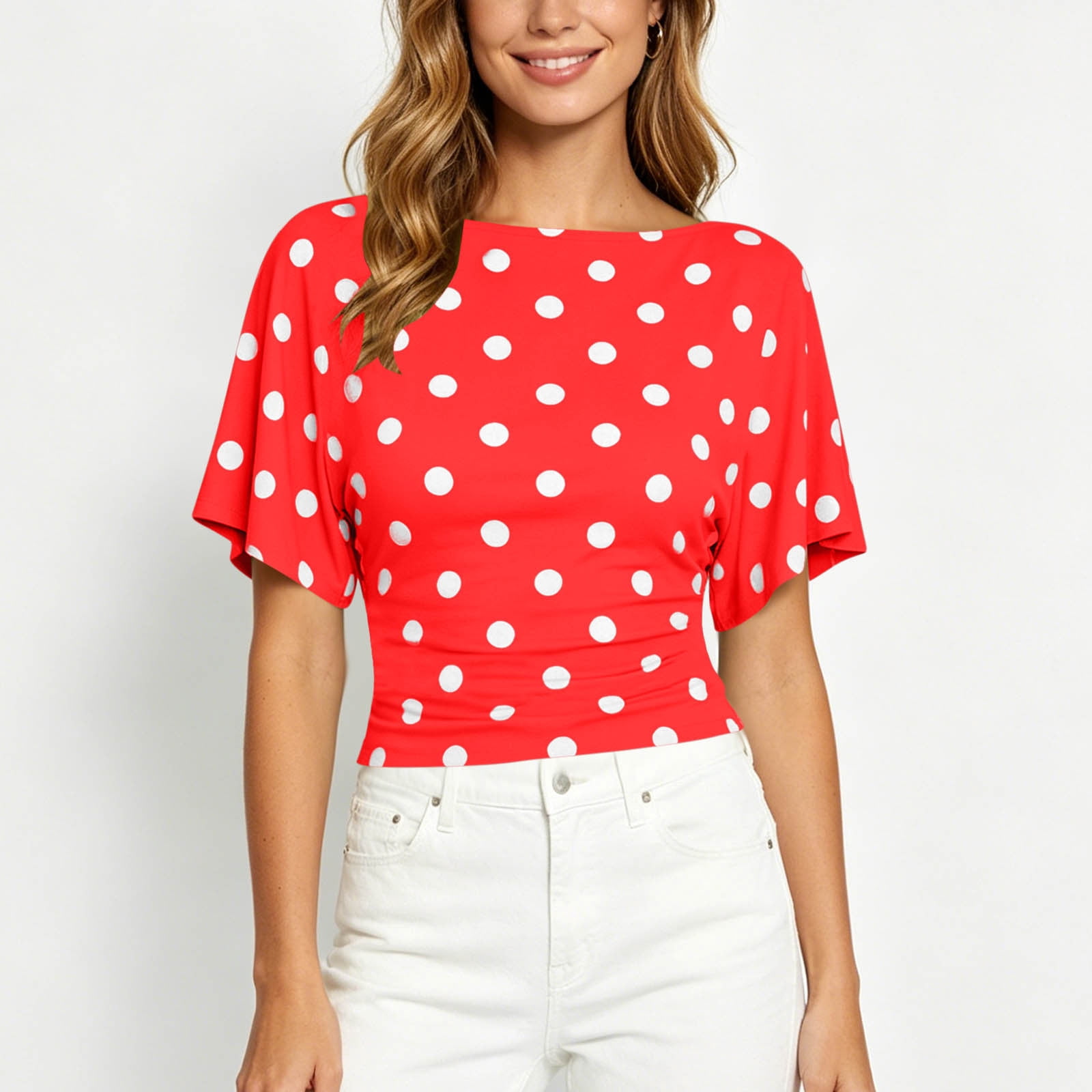 Amzcrzy T Shirts for Women Polka Dot Print Short Ruffle Sleeve