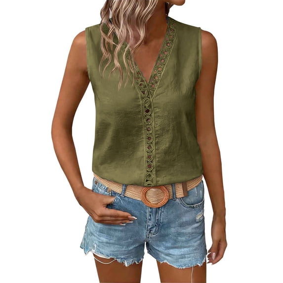 Amzcrzy Tank Top for Women Trendy Hollow Out Patchwork V Neck Womens Tops Breathable Casual Solid Color Linen Shirts Loose Fit Sleeveless Vacation Summer TopsS