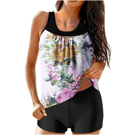 Amzcrzy Tankini Bathing Suits for Women Hawaii Floral Print Tummy Control Two Piece Swimsuits Blouson Retro Flower Leaf Swim Tank Top with Boy Shorts