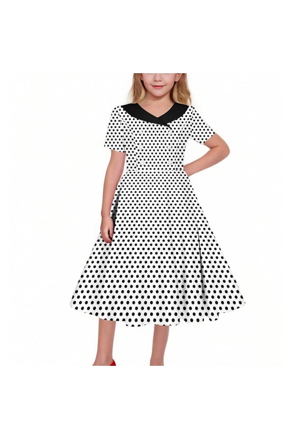 Tea Party Dresses for Girls 5-14 Years Audrey Vintage Swing Party Rockabilly Dress Retro Peter Pan Doll Collar Polka Dot Dress Wedding Casual Skater Dress @9 9 Years