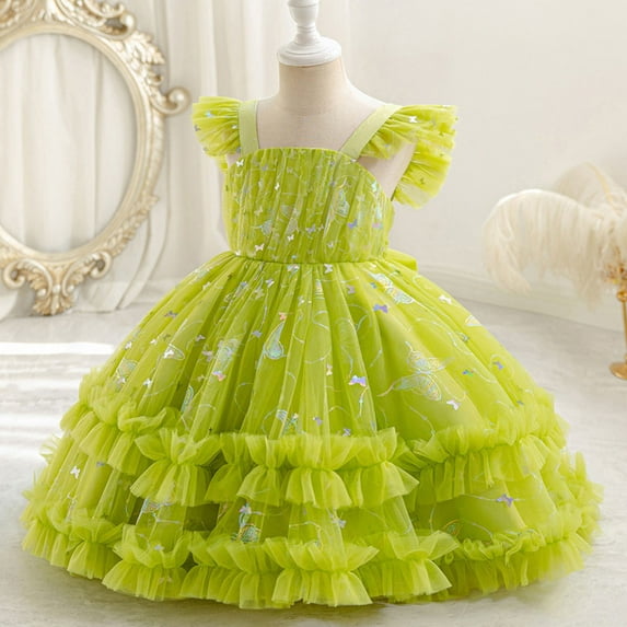Amzcrzy Toddler Dress 0-5Years Square Neck Iridescent Star & Butterfly Print Tulle Skirt with Back Bow,Ruffle Sleeve Wedding Dresses for Girls Elegant Classy Birthday Pageant Holiday Events