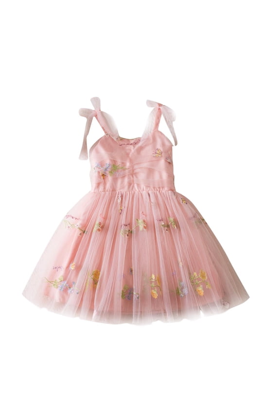 Toddler Flower Girl Dress Tie Strap Tulle Dress Sweatheart Neck Embroidery Lace Mesh Sundress for Weddings & Photos 1-6Y