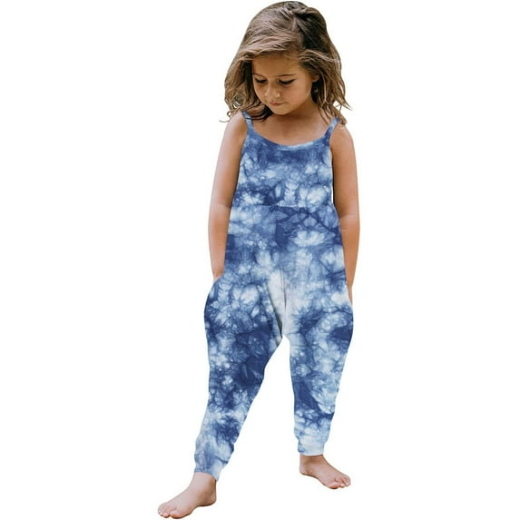 Amzcrzy Toddler Kids Girls Jumpsuit Summer Romper Little Girls One Piece Tie Dye Playsuit Strap Sleeveless Bodysuit Outfits 1-2 Years