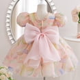 thumbnail image 1 of Amzcrzy Toddler Princess Dress 9 Months-5 Years, Pastel Print Puff Sleeve Dress with Back V Neck & Oversized Bow Pearl Trim Girls Party Dress for Birthday Photo Shoot, 1 of 9