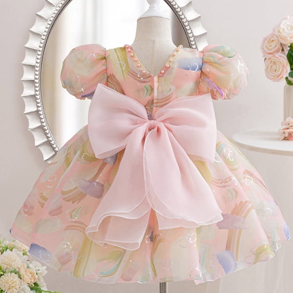 Amzcrzy Toddler Princess Dress 9 Months-5 Years, Pastel Print Puff Sleeve Dress with Back V Neck & Oversized Bow Pearl Trim Girls Party Dress for Birthday Photo Shoot