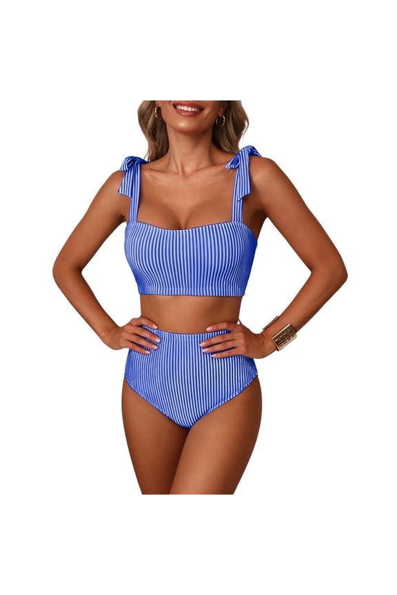 Two Piece Bathing Suits for Women Self Tie Spaghetti Straps and High Waisted Briefs Beachwear Fashion Striped Beach Womens Bikini Sets Tummy Control Slimming Bathing Suits L