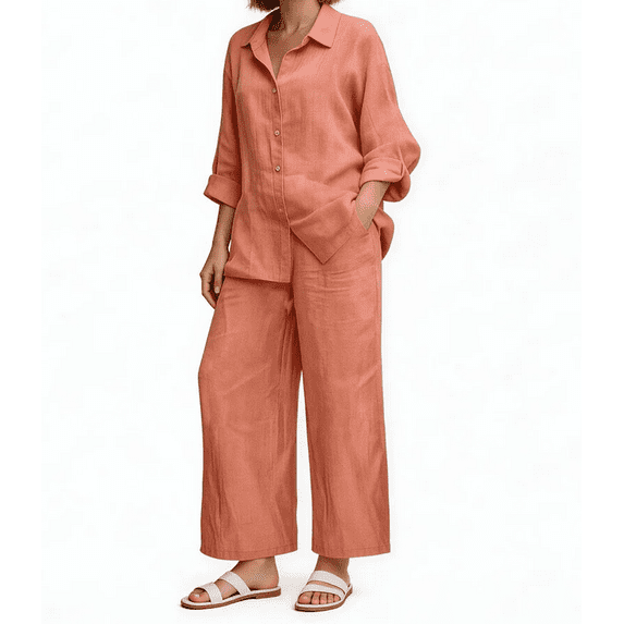 Amzcrzy Two Piece Sets for Women 2026 Solid Color Spring Outfits V Neck Button Down Shirt with Roll Tab Sleeves Wide Leg Pants Lounge Sets with Pockets Dressy Casual Loungewear Sets Pink 2XL