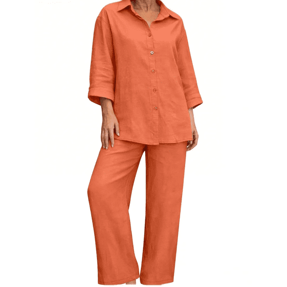 Amzcrzy Two Piece Sets for Women 2026 Solid Color Spring Outfits V Neck Button Down Shirt with Roll Tab Sleeves Wide Leg Pants Lounge Sets with Pockets Dressy Casual Loungewear Sets Orange L