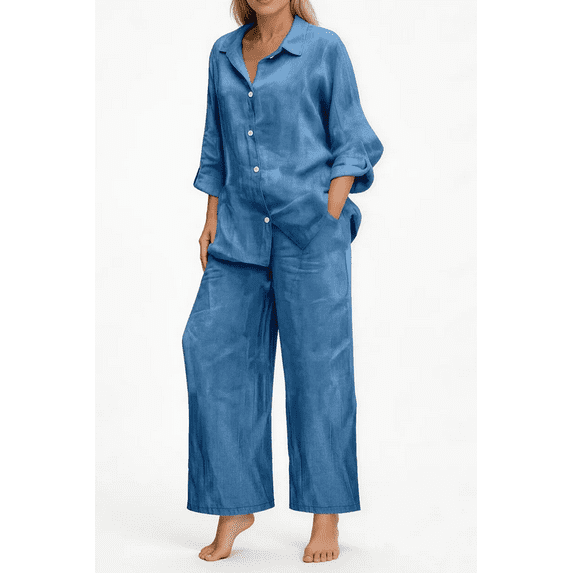 Amzcrzy Two Piece Sets for Women 2026 Solid Color Spring Outfits V Neck Button Down Shirt with Roll Tab Sleeves Wide Leg Pants Lounge Sets with Pockets Dressy Casual Loungewear Sets Blue 3XL