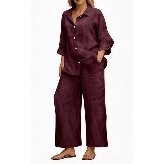 Amzcrzy Two Piece Sets for Women 2026 Solid Color Spring Outfits V Neck Button Down Shirt with Roll Tab Sleeves Wide Leg Pants Lounge Sets with Pockets Dressy Casual Loungewear Sets Dark Purple L