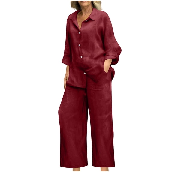 Amzcrzy Two Piece Sets for Women 2026 Solid Color Spring Outfits V Neck Button Down Shirt with Roll Tab Sleeves Wide Leg Pants Lounge Sets with Pockets Dressy Casual Loungewear Sets Wine L