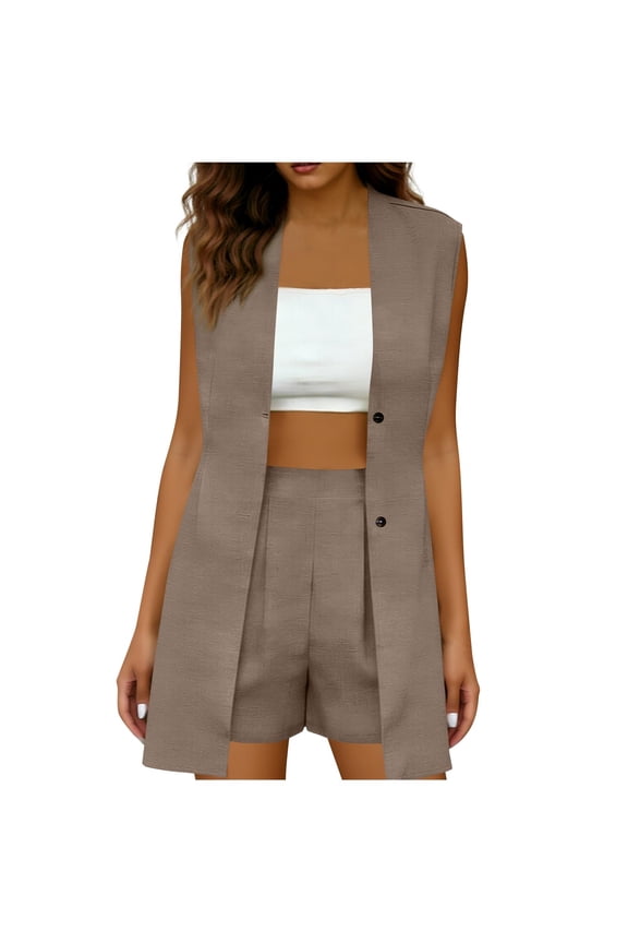 Two Piece Sets for Women Going Out Sleeveless Blazer High Waist Pleated Shorts Pants Suit Trendy Versatile Women Outfits with Button Summer Linen Lounge Sets for Women L