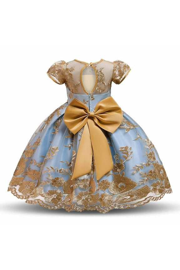 Vintage Dress Girls Royal Crew Neck Floral Midi Dress, Light Blue Gold Floral Embroidered Lace Ball Gown Short Puff Sleeve Formal Party Gown with Oversized Satin Bow