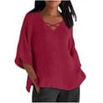 thumbnail image 1 of Amzcrzy Women Plus Size Cotton Linen Tops Women Summer Solid Casual Loose Basic Tops Fashion 3/4 Length Sleeves T Shirt Oversized V Neck Tees Tops Blouses, 1 of 5