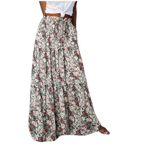 Amzcrzy Women's 2024 Boho Floral Skirt Casual Elastic High Waist Tiered Bohemian Maxi Skirts Flowy A Line Beach Long Skirt with Side Pockets