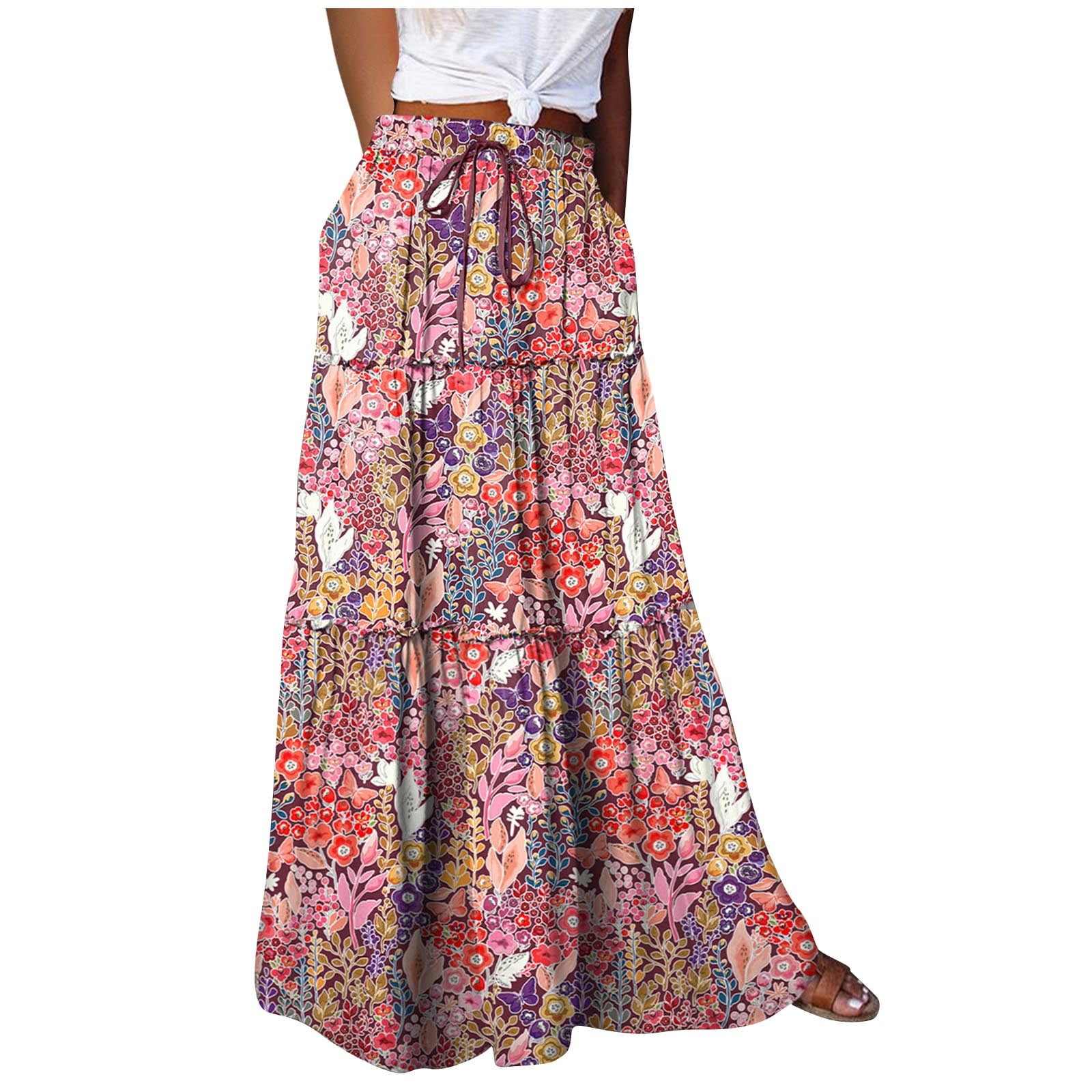 Flowy Tiered Boho Skirt | Women's Maxi Skirt with Pockets Summer & Travel Outfit main image 0