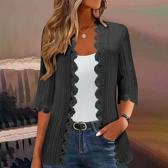 Amzcrzy Women's 3/4 Sleeve Lace Trim Cardigan - Solid Color Relaxed Fit Open Front Cover-Up, Flowy Spring Blouse with Delicate Crochet Detailing