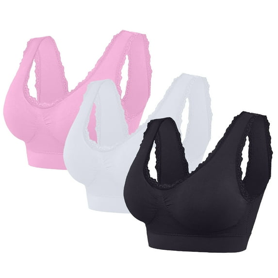 Amzcrzy Women's 3-Pack Plus Size Sports Bras Seamless Wireless Bras Comfortable Underwire Lace Bralettes Push Up Bras Full Coverage Everyday Bra
