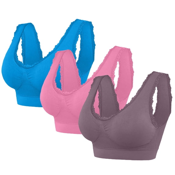 Amzcrzy Women's 3-Pack Plus Size Sports Bras Seamless Wireless Bras Comfortable Underwire Lace Bralettes Push Up Bras Full Coverage Everyday Bra