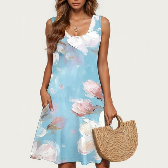 Amzcrzy Women's Casual A-Line Dress with Pockets Summer Beach Floral Tshirt Dress Short Sleeve Mini Dress Flowy Sundresses S-2XL