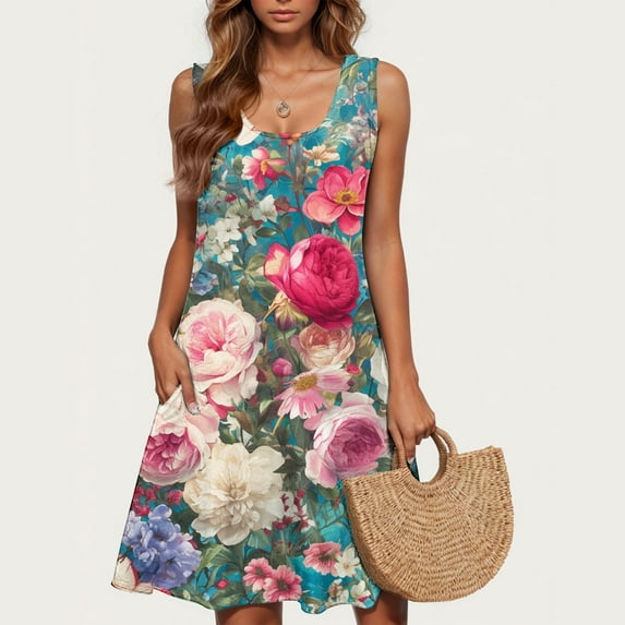 Amzcrzy Women's Casual A-Line Dress with Pockets Summer Beach Floral Tshirt Dress Short Sleeve Mini Dress Flowy Sundresses S-2XL