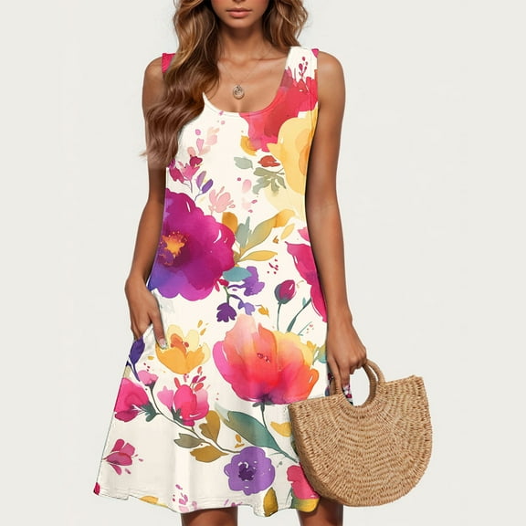 Amzcrzy Women's Casual A-Line Dress with Pockets Summer Beach Floral Tshirt Dress Short Sleeve Mini Dress Flowy Sundresses S-2XL