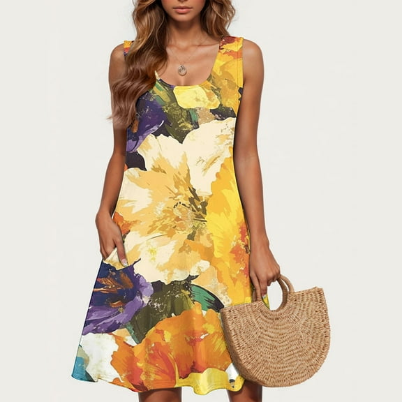 Amzcrzy Women's Casual A-Line Dress with Pockets Summer Beach Floral Tshirt Dress Short Sleeve Mini Dress Flowy Sundresses S-2XL