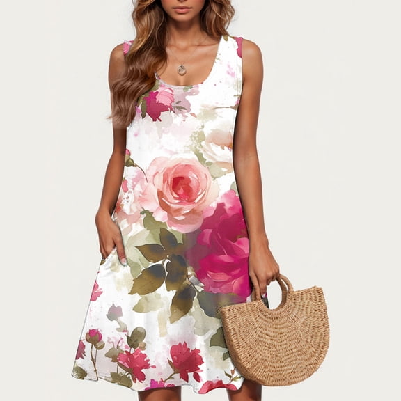 Amzcrzy Women's Casual A-Line Dress with Pockets Summer Beach Floral Tshirt Dress Short Sleeve Mini Dress Flowy Sundresses S-2XL