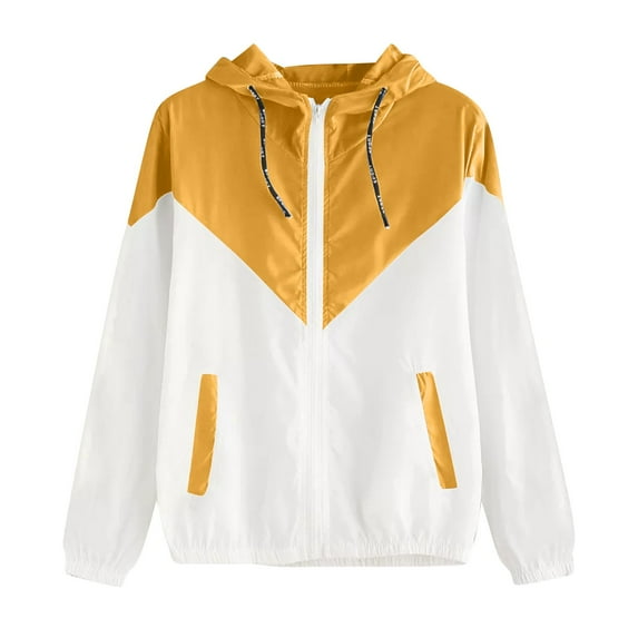Amzcrzy Women's Casual Color Block Hooded Casual Thin Windbreaker Jacket Drawstring Hem Long Sleeve Jacket Outerwear on Clearance