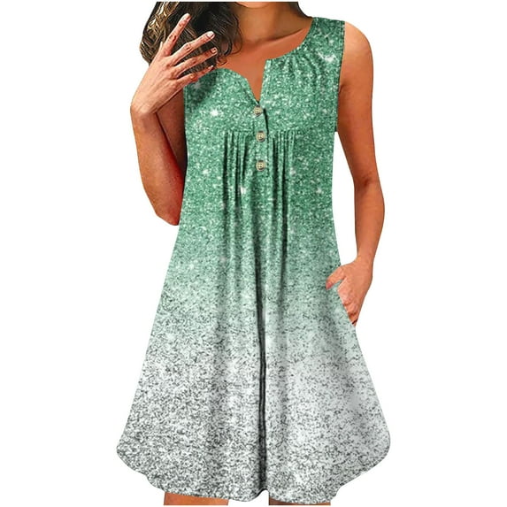 Amzcrzy Women's Casual Floral Dress Sleeveless Sundress Front Button Round Neck Midi Beach Dress A-Line Pleated Short T Shirt Dress with Pockets