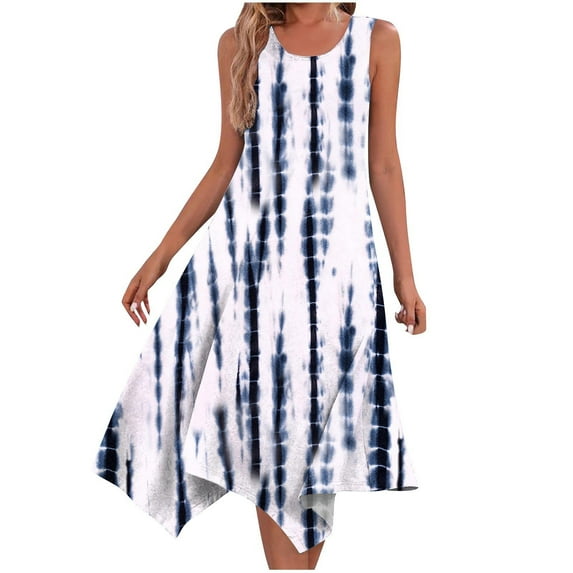 Amzcrzy Women's Casual Flowy Summer Dress Tie Dye Hankerchief Beach Dresses Spaghetti Strap Sleeveless High Waist Scoop Neck Beach Maxi Sun Dresses