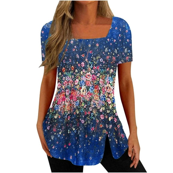 Amzcrzy Women's Floral Plus Size Tops Summer Scoop Neck Short Sleeve Flowy Basic Tops Slim Fit T Shirt Tunic Tops Tee Blouse