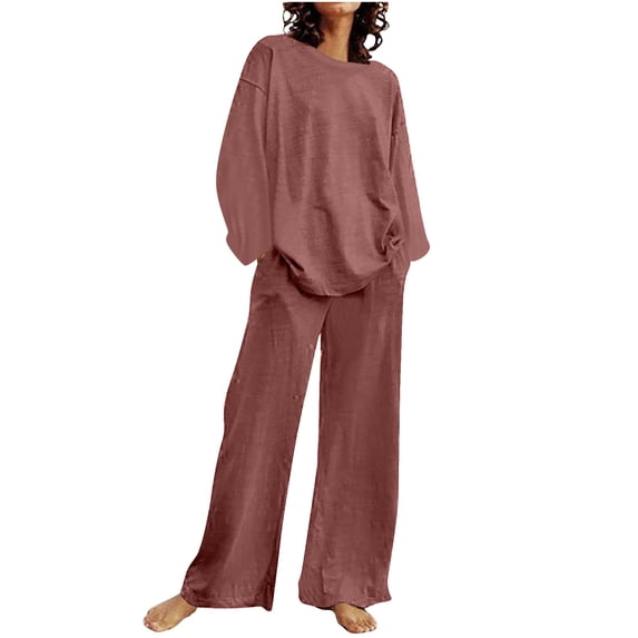 Amzcrzy Women's Oversized Lounge Sets Solid Color 2 Piece Outfits Sweatsuits 2024 Fall Long Sleeve Pullover Tops And Long Pants Lounge Sets Tracksuit Trendy Pajamas S-5XL