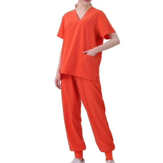 Amzcrzy Women's Scrub Set Solid Color Stretch Medical Uniform Scrub Set V Neck Short Sleeve Work Top Cargo Tapered Jogger Pants With Pockets