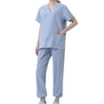 thumbnail image 1 of Amzcrzy Women's Scrub Set Solid Color Stretch Medical Uniform Scrub Set V Neck Short Sleeve Work Top Cargo Tapered Jogger Pants With Pockets, 1 of 3